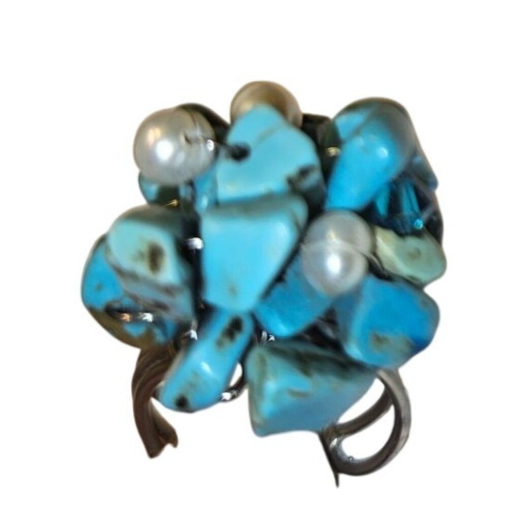 Statement Ring Adjustable Turquoise & Pearl Clust… - image 4